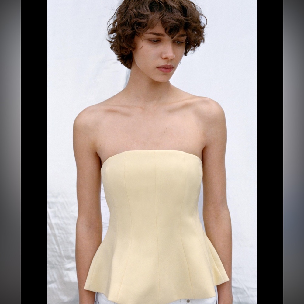 BNWT Zara Butter Yellow Strapless Peplum Blouse size M